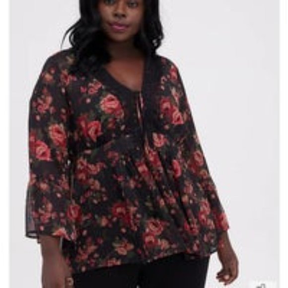 Babydoll Chiffon Lurex Crochet Detail Lace-Up Blouse - Picture 3 of 5